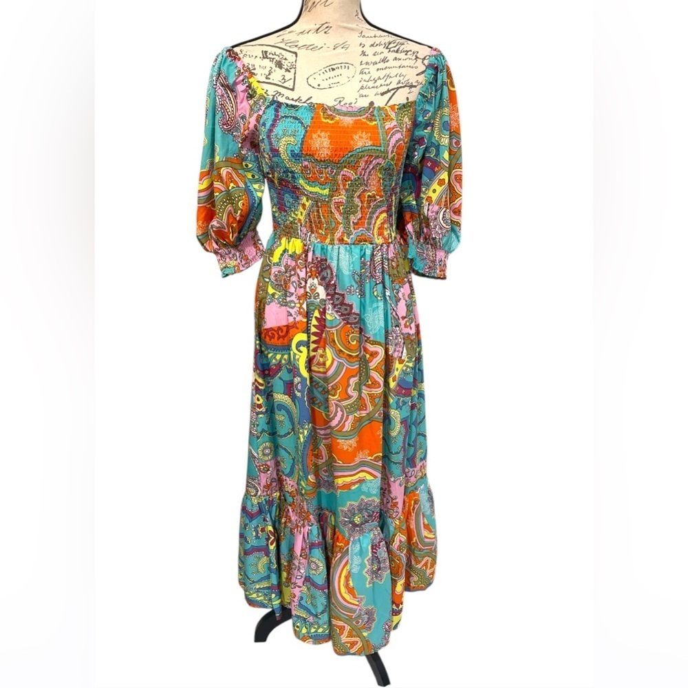 Wishing Waves Vibrant Orange and Blue Paisley Tiered Maxi Sundress Size Medium